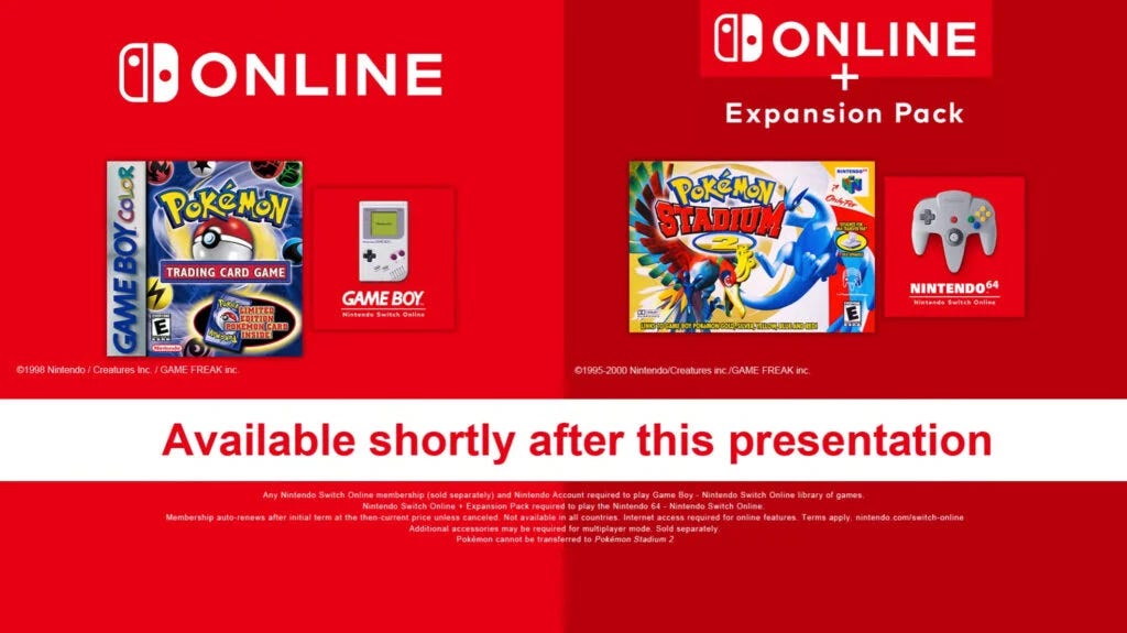 "Pokemon Trading Card Game and Stadium 2 now available on Nintendo Switch Online"
