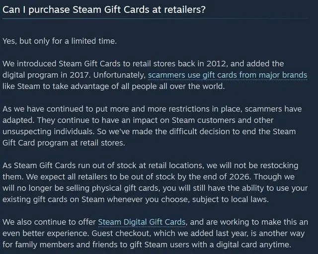 Steam stops restocking physical gift cards: impact and alternatives