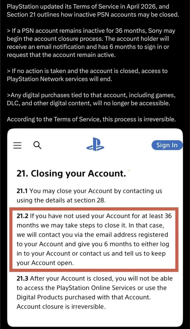 PlayStation's new TOS: permanent removal of PSN accounts after 3 years of inactivity