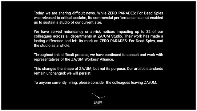 ZA/UM Studio lays off staff after Zero Parades: For Dead Spies